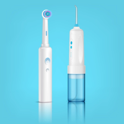 Teeth care realistic composition with isolated electric toothbrush and water flosser on blue glassy background vector illustration