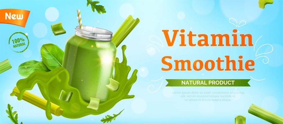 Realistic celery ads horizontal colored poster with vitamin smoothie natural product headline vector illustration