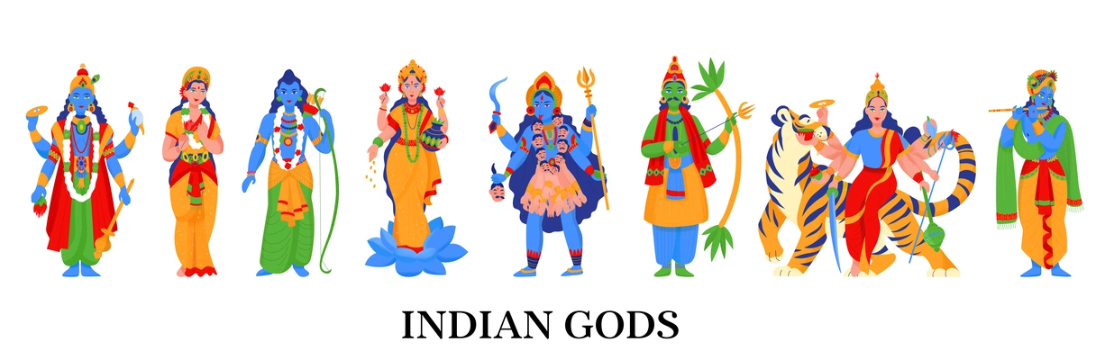 Colored and isolated ancient indian hindu gods icon set eight different deities vector illustraiton