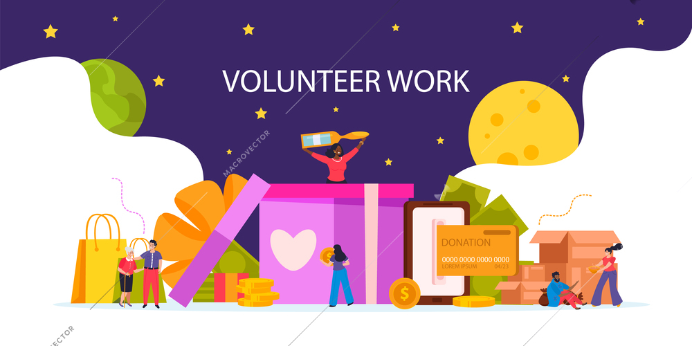 Donation and volunteer work flat composition with big headline and different attributes vector illustration