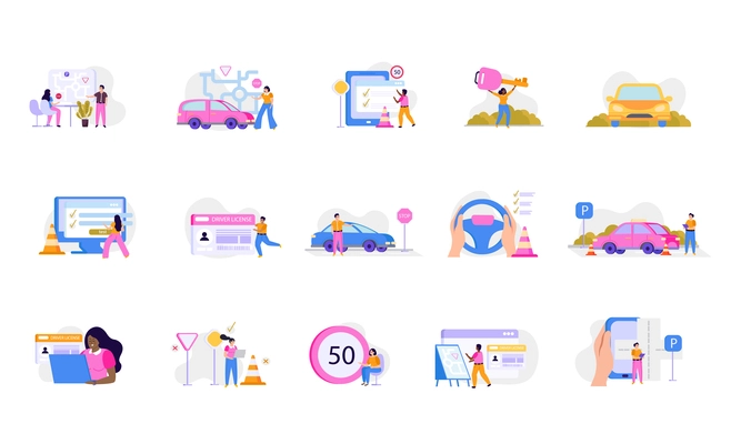 Driving school flat recolor icon set signs students instructors drivers license in pink and blue colors vector illustration