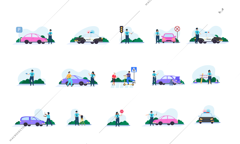 Traffic police flat icon set police traffic controller, works in the parking lot on the street checks drivers licenses cuts off traffic and works on the road vector illustration