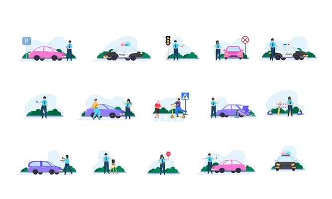 Traffic police flat icon set police traffic controller, works in the parking lot on the street checks drivers licenses cuts off traffic and works on the road vector illustration