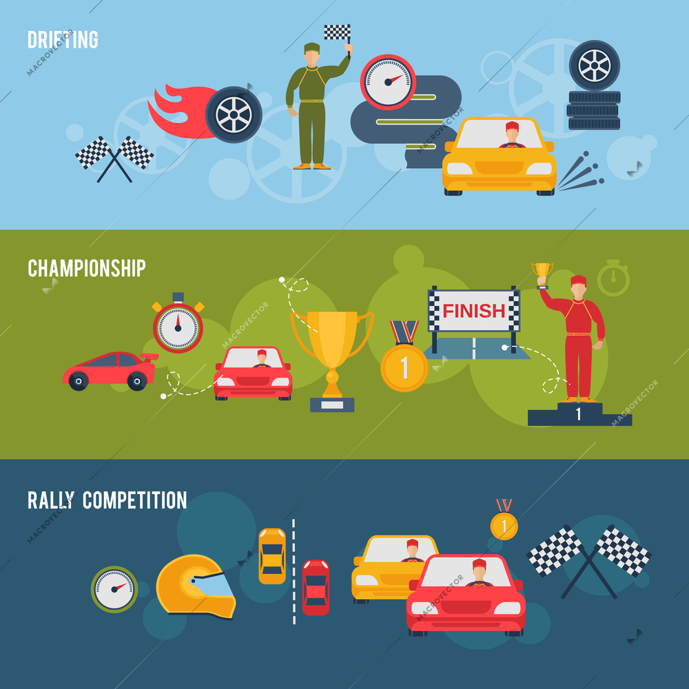 Auto sport flat banner set with drifting championship rally competition isolated vector illustration