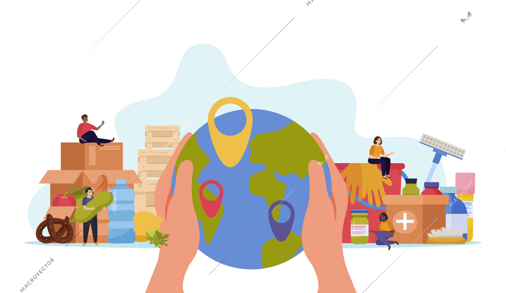 Donation and volunteer work flat colored concept the globe in hands of the man in foreground and helping people in need in background vector illustration