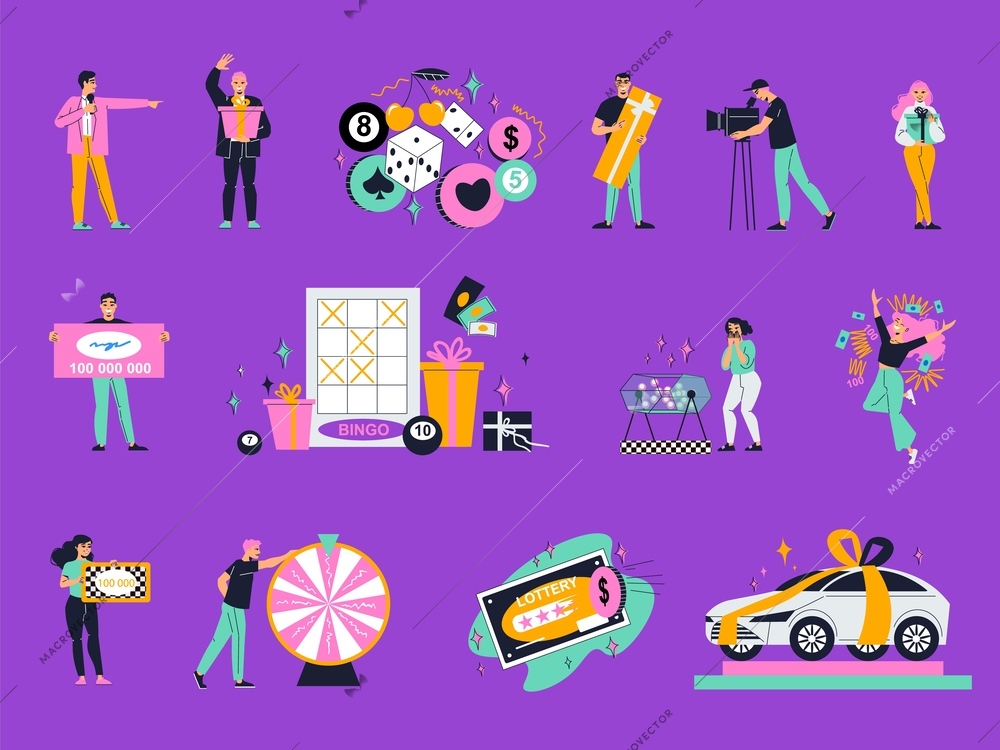 Fortune games and lottery gambling flat icons set on purple background isolated vector illustration