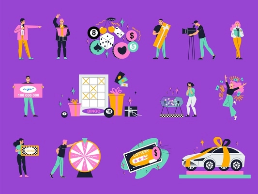 Fortune games and lottery gambling flat icons set on purple background isolated vector illustration