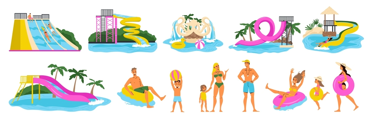 Water park flat icons set with attractions and people having fun time isolated vector illustration
