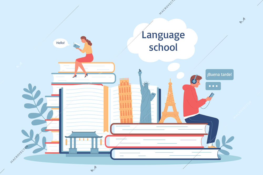 Language courses flat composition with students sitting on teaching books vector illustration