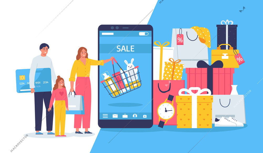 Big sale flat composition with people shopping online vector illustration