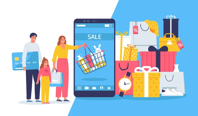 Big sale flat composition with people shopping online vector illustration