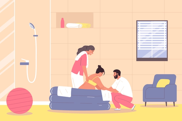 Cdhildbirth flat concept with pregnant woman doula and husband in hospital delivering room vector illustration