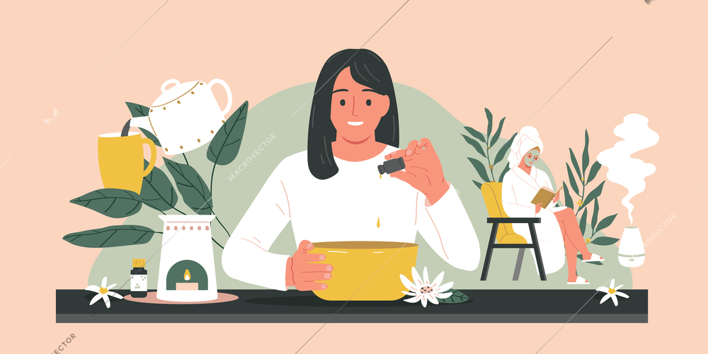 Aromatherapy flat concept with herbal tea and essential oils using vector illustration