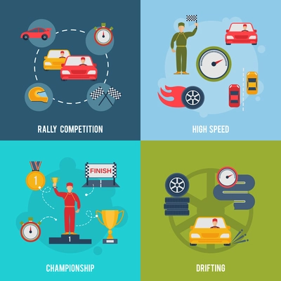 Auto sport flat icons set with rally competition high speed championship drifting isolated vector illustration