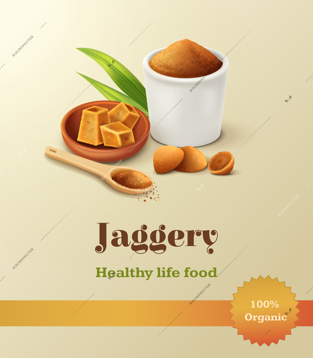 Jaggery healthy life food realistic advertising poster with sugar blocks and powder vector illustration