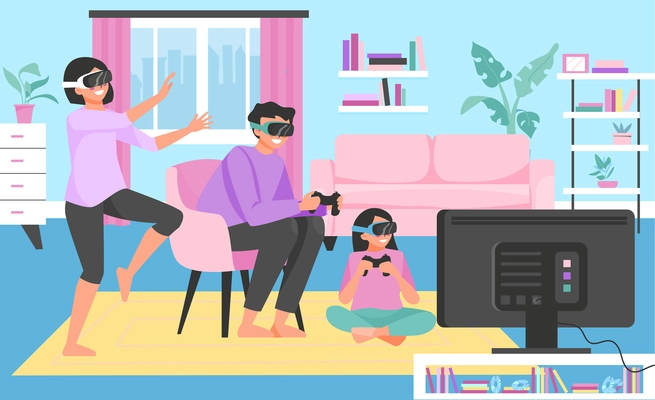 Family playing vr video games at home flat vector illustration