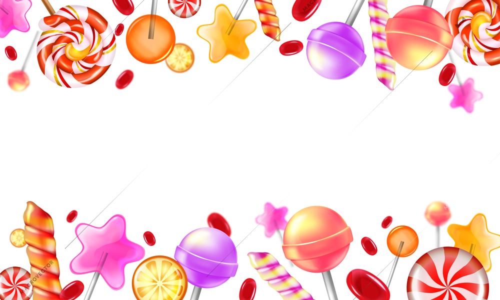 Realistic sweet candies frame with caramel cane and lollipops on background vector illustration