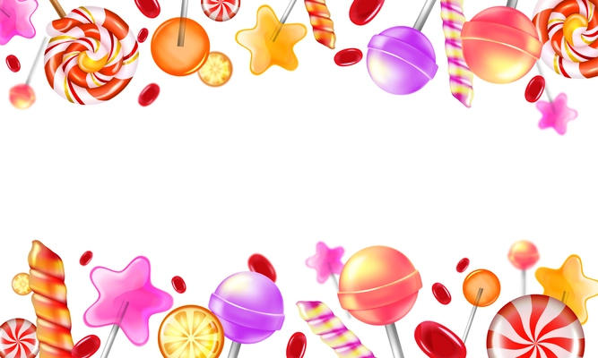 Realistic sweet candies frame with caramel cane and lollipops on background vector illustration