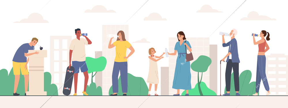 People drinking water on city streets flat composition vector illustration