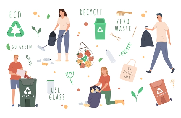 Zero waste concept with people sorting garbage flat background vector illustration