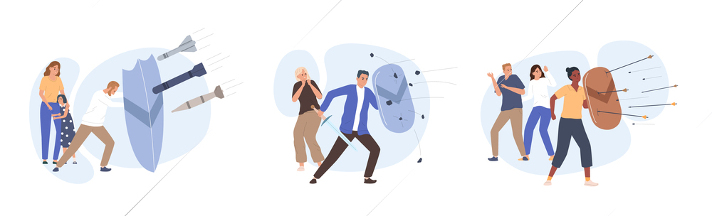 People fighting against weapon agression flat scenes isolated vector illustration