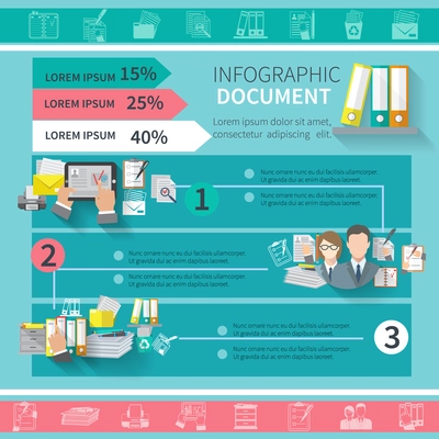 Document infographics set with contract office supplies organizing elements and charts vector illustration