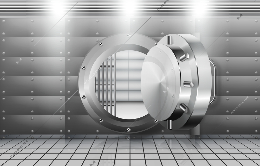 Realistic composition with empty bank vault behind opened steel round door vector illustration