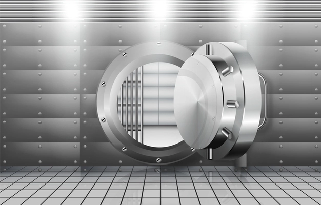 Realistic composition with empty bank vault behind opened steel round door vector illustration