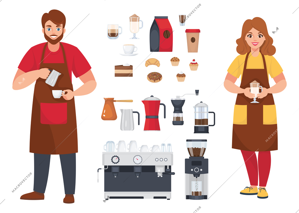 Coffee shop set with barista and coffeeshop accessories isolated vector illustration