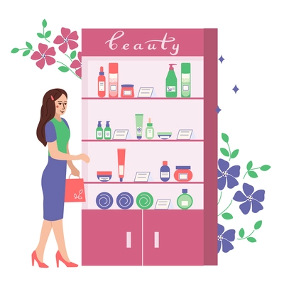 Woman body beauty care flat composition with female character standing near shop display with cosmetic products vector illustration