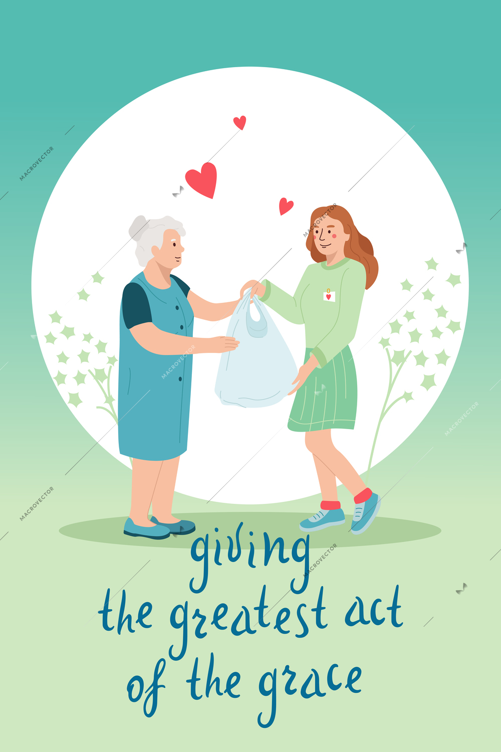 Charity flat background with composition of ornate text and teenage girl giving aid to old woman vector illustration