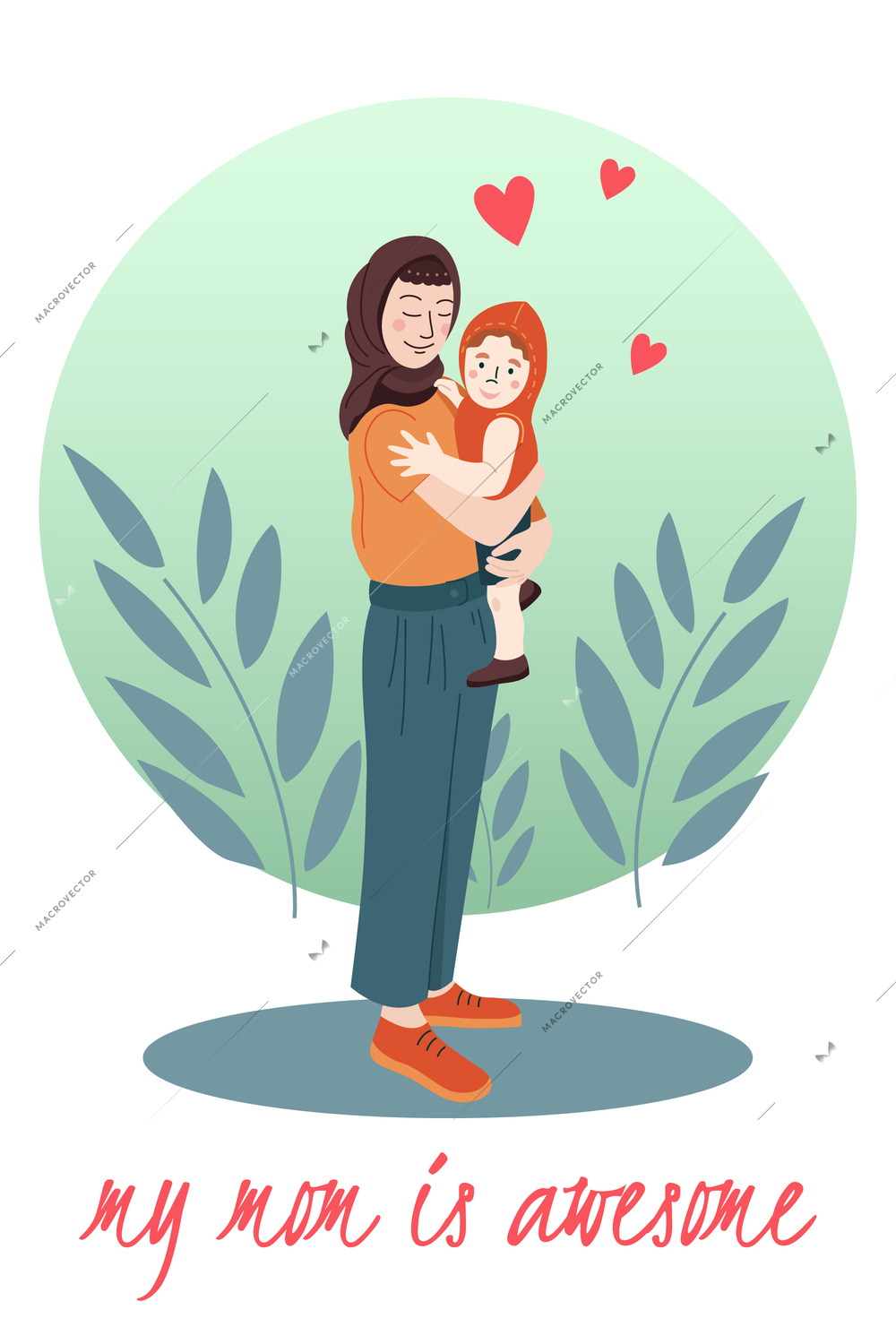 Hijab woman flat background with ornate text and round composition of mom holding baby beyond leaves vector illustration