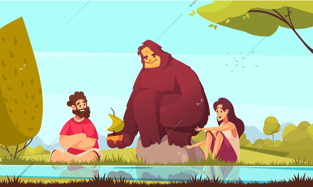 Friendly bigfoot sailing toy boat on river with happy man and woman cartoon vector illustration