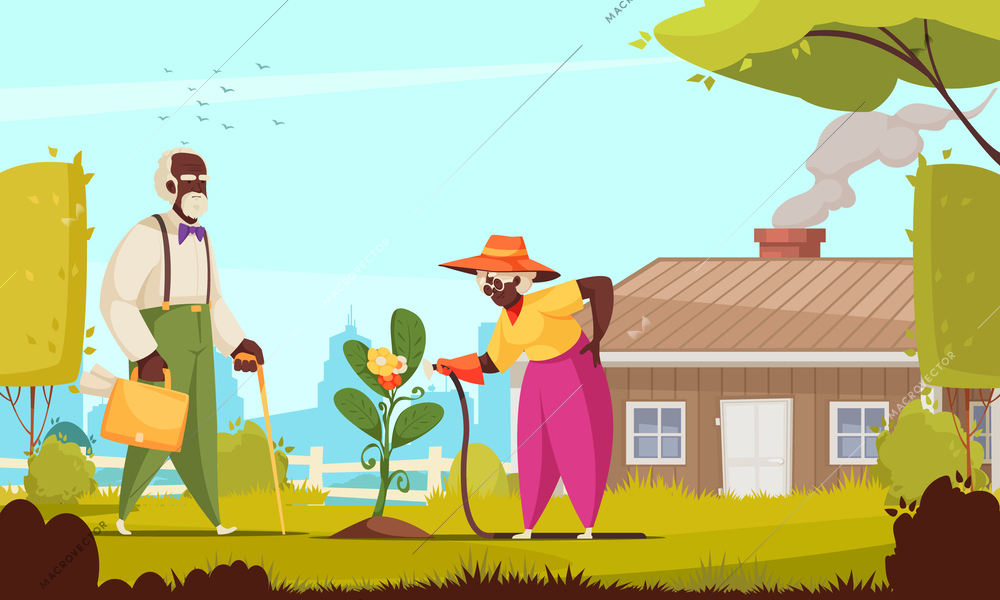 Black old man with briefcase and woman watering flowers in garden in countryside on cityscape background cartoon vector illustration