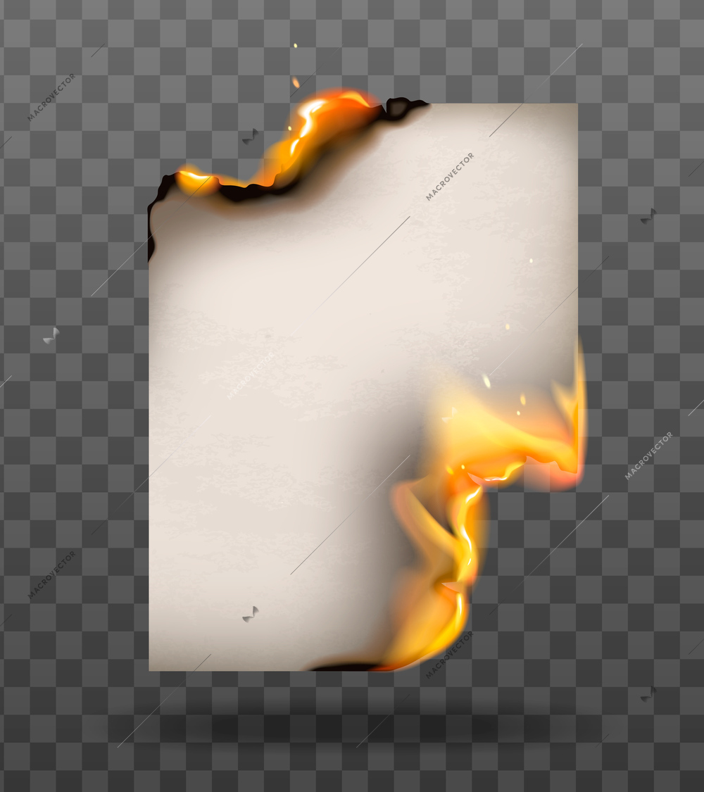 Burnt paper realistic composition with burning a4 paper sheet with flaming fire isolated on transparent background vector illustration