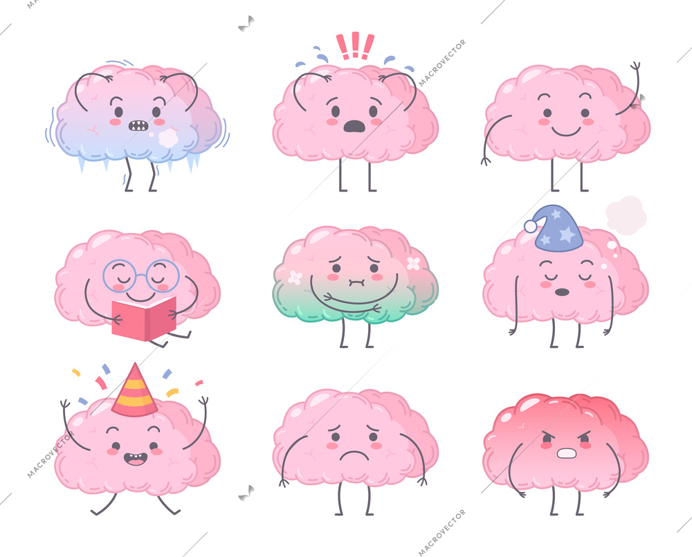 Human organs characters cartoon set with isolated images of human brain health character on blank background vector illustration