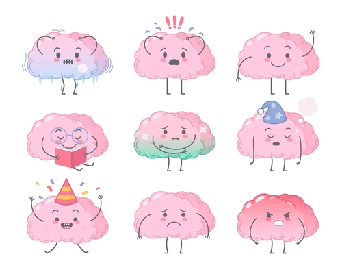 Human organs characters cartoon set with isolated images of human brain health character on blank background vector illustration