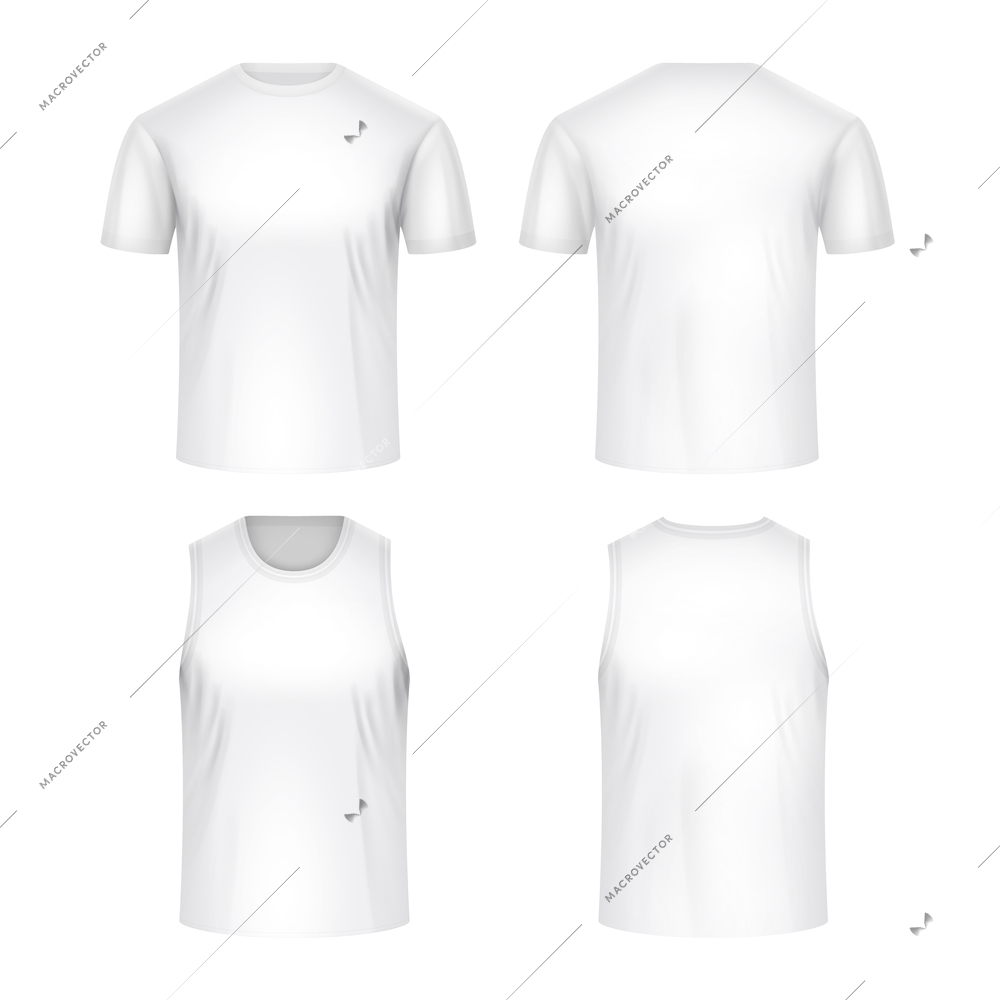 Realistic sport uniform white mockup set of short sleeved and sleeveless t shirts frontal and back view isolated vector illustration