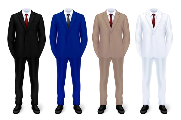 Male costume realistic set with four smart suits of different color with jackets trousers shoes ties isolated vector illustration