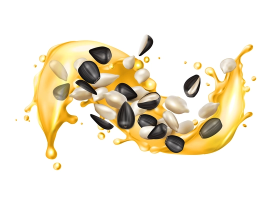 Sunflower seeds in oil splashes realistic composition against white background vector illustration