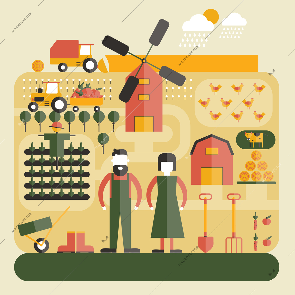 Farm flat concept with farmers animals windmill and field decorative icons vector illustration