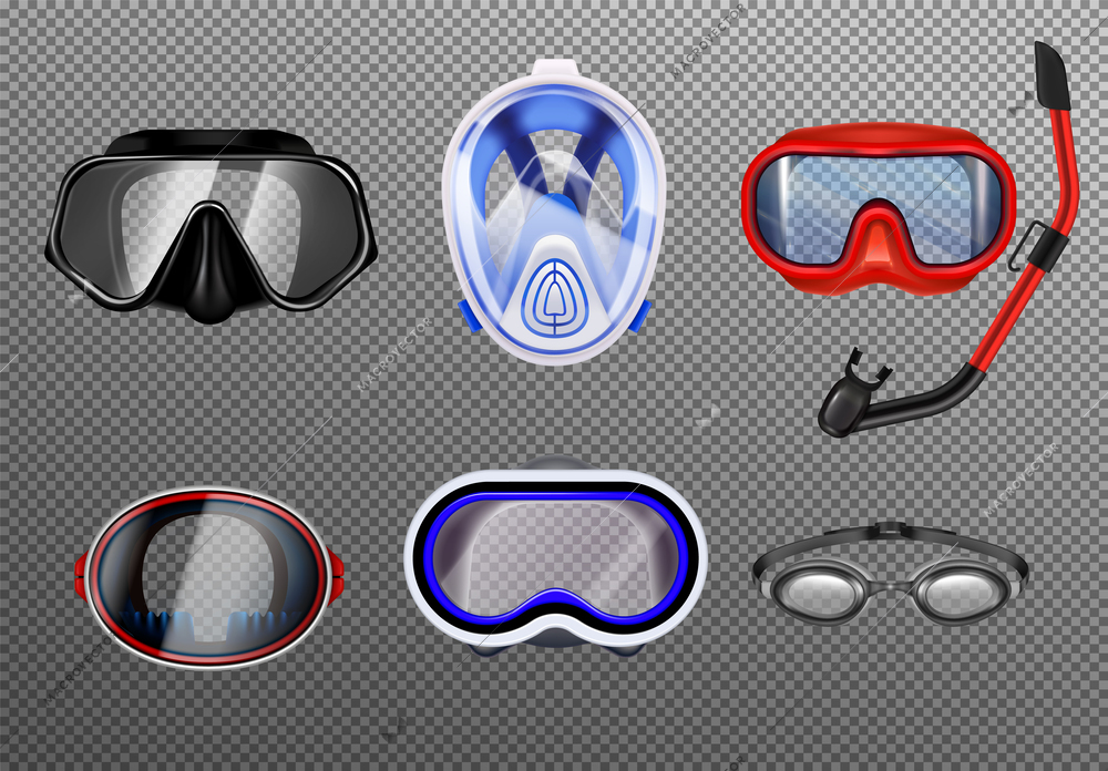Diving mask realistic set with snorkel and goggles of different types isolated on transparent background vector illustration
