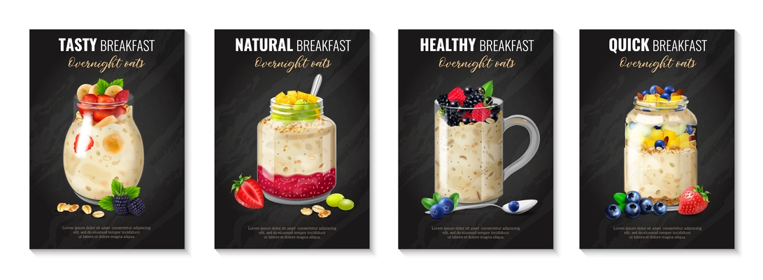 Realistic overnight oats posters collection with four vertical compositions of text and served porridge cocktail cans vector illustration