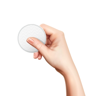 Realistic cosmetic cotton pads hand composition white pad in a womans hand on white background vector illustration