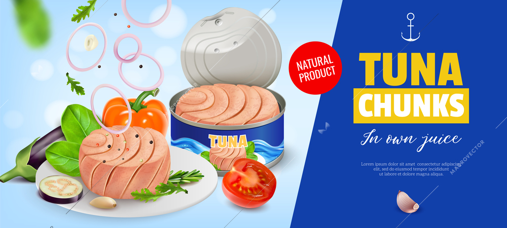 Realistic tuna canned horizontal poster with tuna chunks in own juice headline and natural product description vector illustration