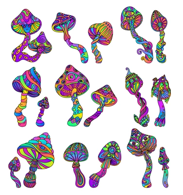 Trippy mushroom drawing set with isolated icons of curvy mushrooms colored with ornate gradients psychedelic patterns vector illustration