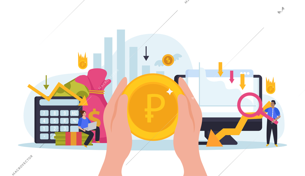 Economy crisis flat composition with human hands holding big coin financial charts symbols and sad people vector illustration