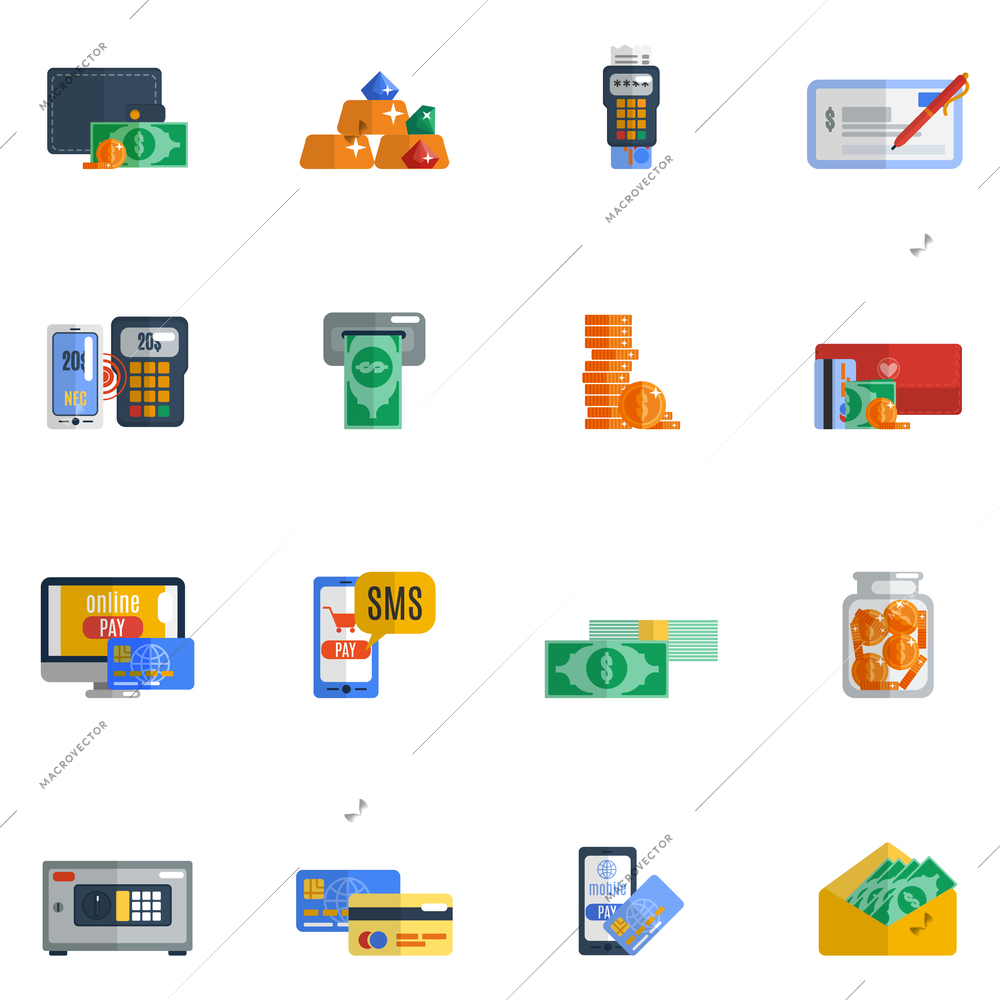 Payment icon flat set with wallet moneybox safe cash isolated vector illustration