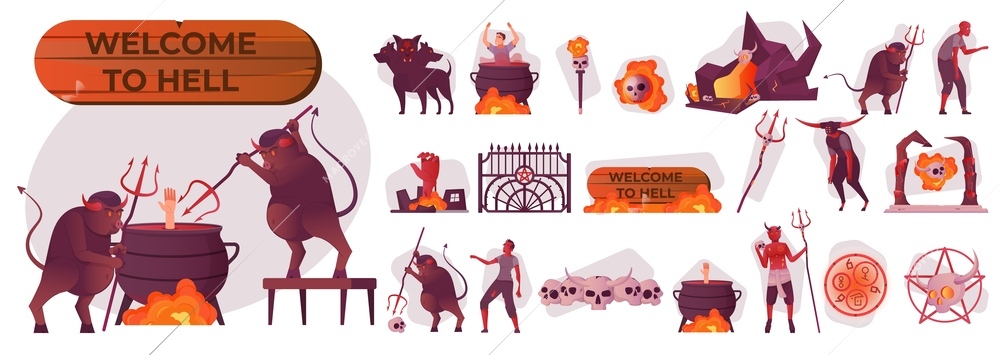 Flat welcome to hell composition set with devils skulls occult symbols sinners flame cave isolated vector illustration