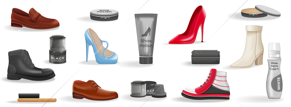 Realistic set of shoe care products tools and various kinds of male and female footwear isolated vector illustration